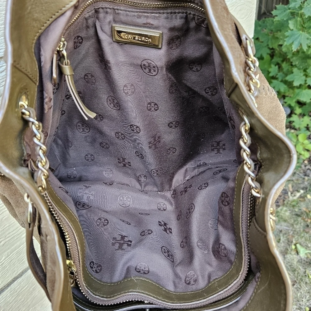 Tory Burch Marion Suede Chain Shoulder Slouchy Tote brown